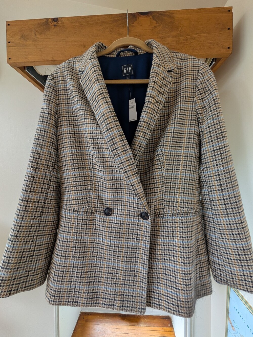 GAP Women's Plaid Double-Breasted Blazer in Beige and Navy